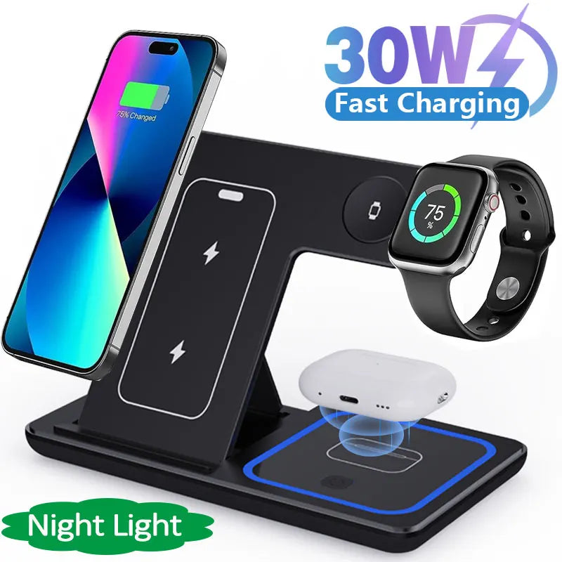 30W 3 in 1 LED Fast Wireless Charger Stand