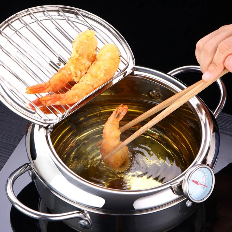 Deep Frying Pan with Thermometer and Lid